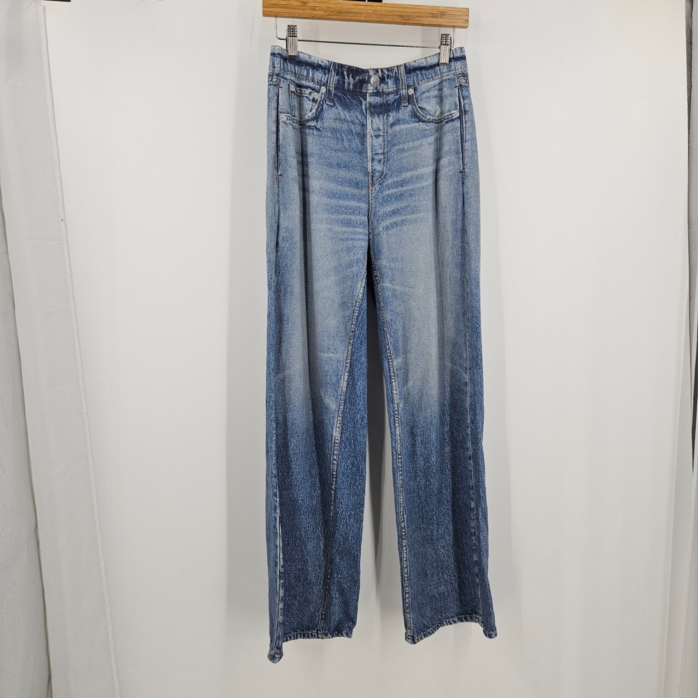 Rag & Bone Miramar Wide Leg Pants Blue Terry Denim Print Pull On Pockets Size S - Picture 2 of 11